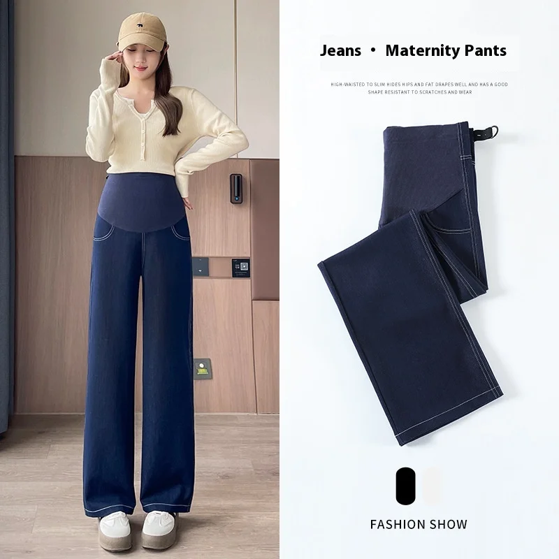 Plus Size Maternity Jeans for Autumn, Belly Support High Waist Wide Leg Pants, Loose Fit Fall Spring Denim Trousers