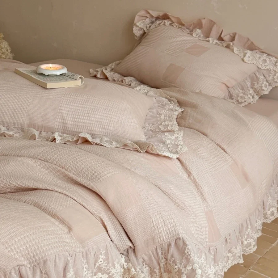 Pink Waffle Weave 100%Cotton Duvet Cover Set Lace Ruffle Bedding Set, 4Pcs Duvet Cover Bed sheet Pillowcases Double Queen King