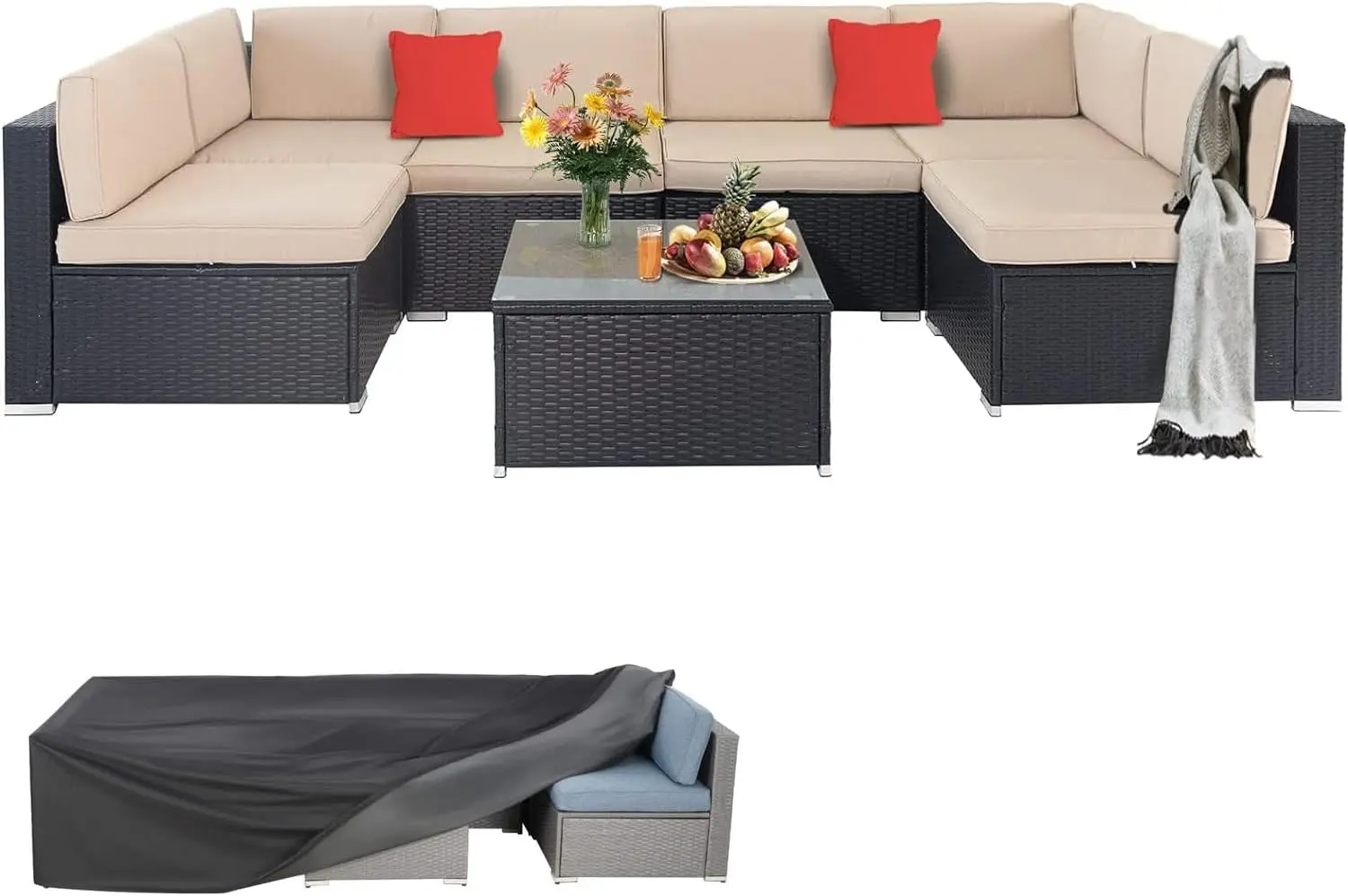 7 Piece Outdoor Sectional Sofa Patio Furniture Set, All-Weather PE Rattan Wicker Patio Conversation Set with Washable