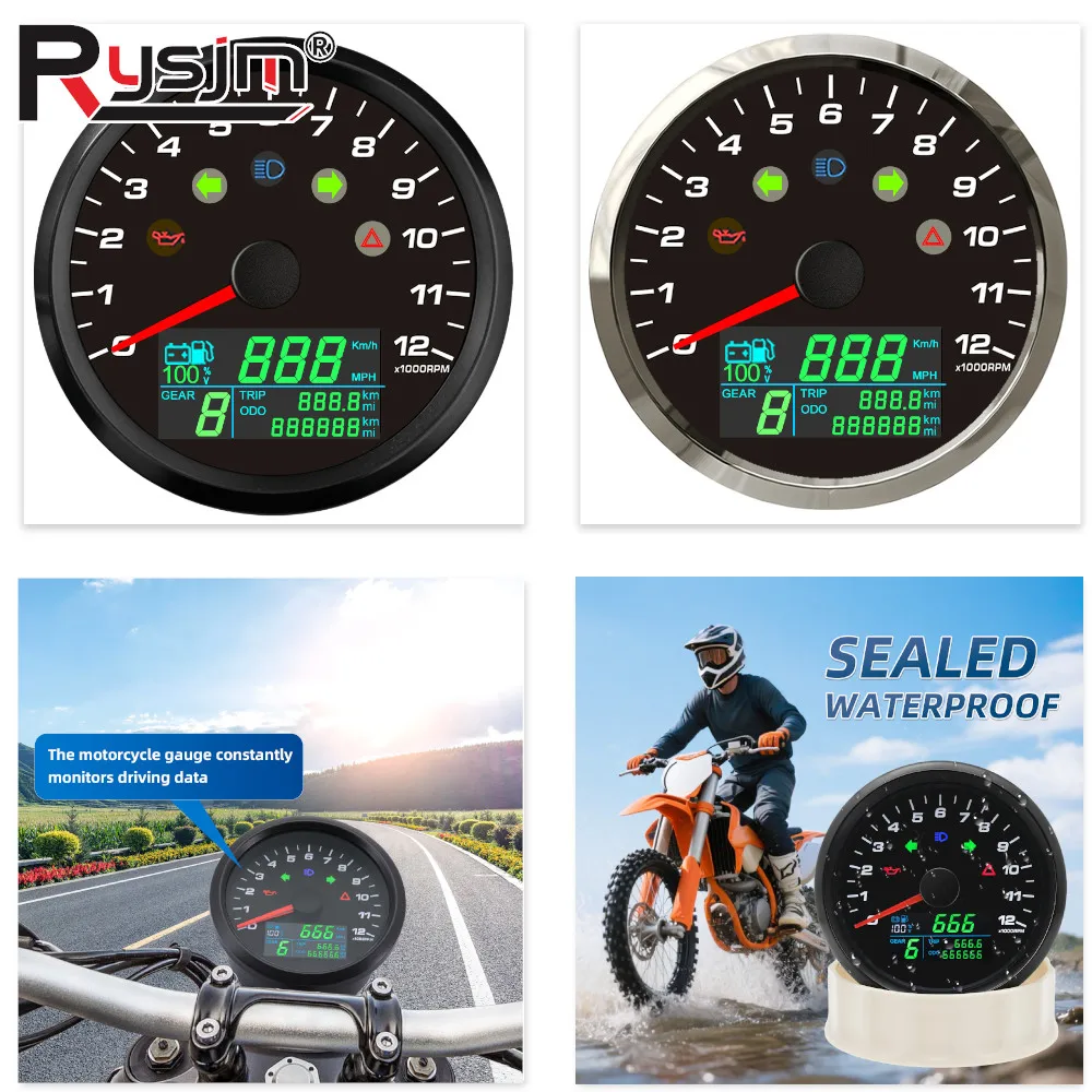 

N Universal Waterproof 85mm GPS Speedometer 299KMH MPH with 0-12000RPM Tachometer Trip Gear N-6 Fuel Gauge for Car Motorcycle