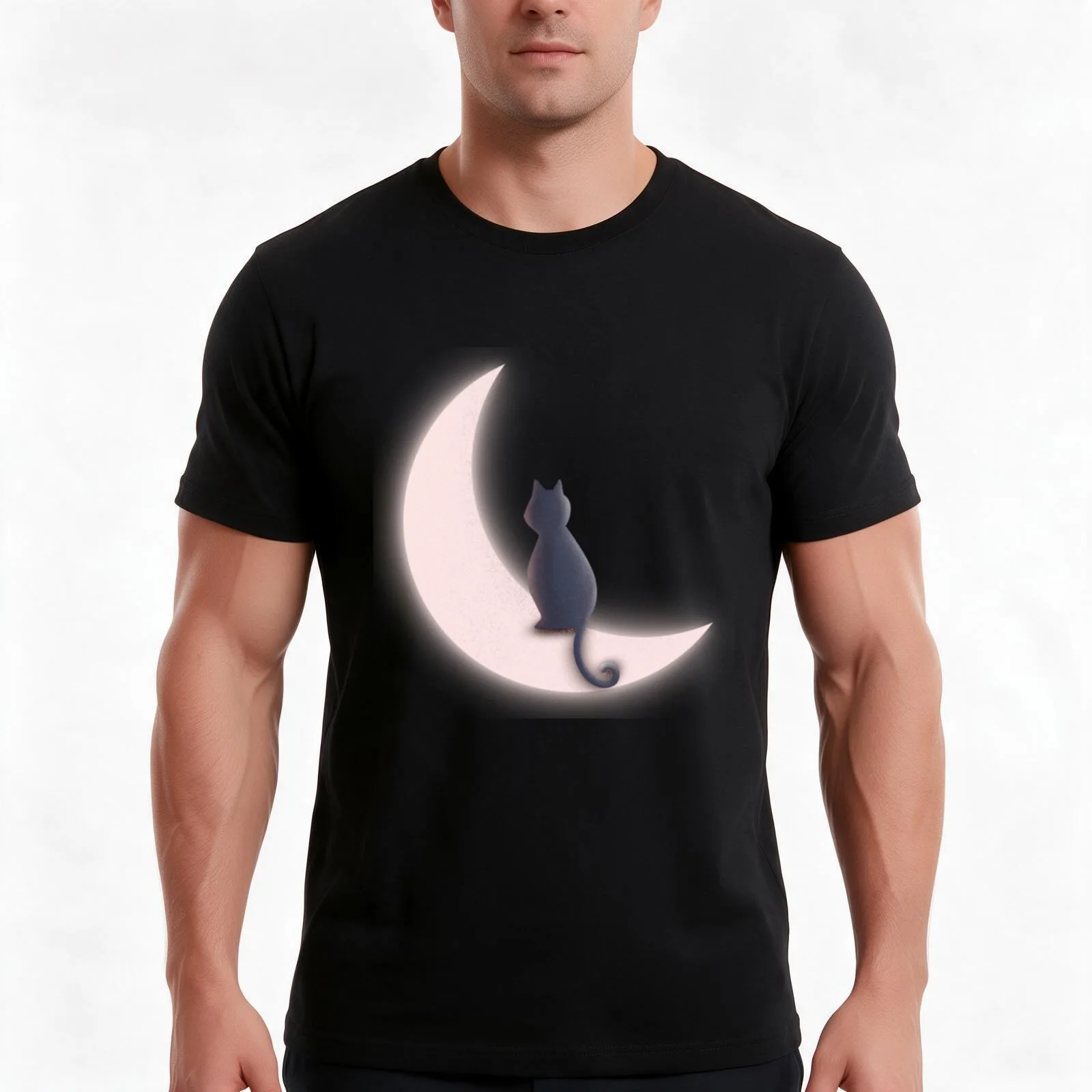 Moon And Cat T-Shirt, Summer Casual Cotton Tee, Oversized Streetwear Tops, Vintage Graphic Print, Loose Fit Short Sleeve