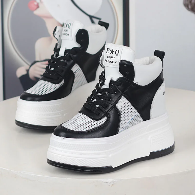 

Women's High Heel Platform Shoes 12CM Thick Sole - Summer Breathable Mesh White Sneakers for Small Height Slim Fit Fashion