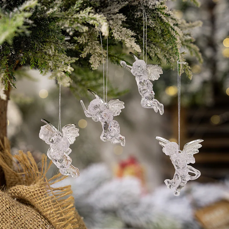 Haobei Decoration Transparent Angel Pendant Christmas Tree Acrylic Silver Wings Angel Pendant