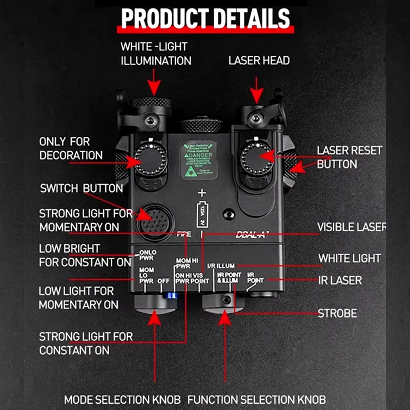 Ganzmetall-NGAL MAWL DBAL OGL Perst 4-RAID-Laserpointer, roter Punkt, blau, grün, IR-Laseranzeige, Taktik, Airsoft-Waffenvisier