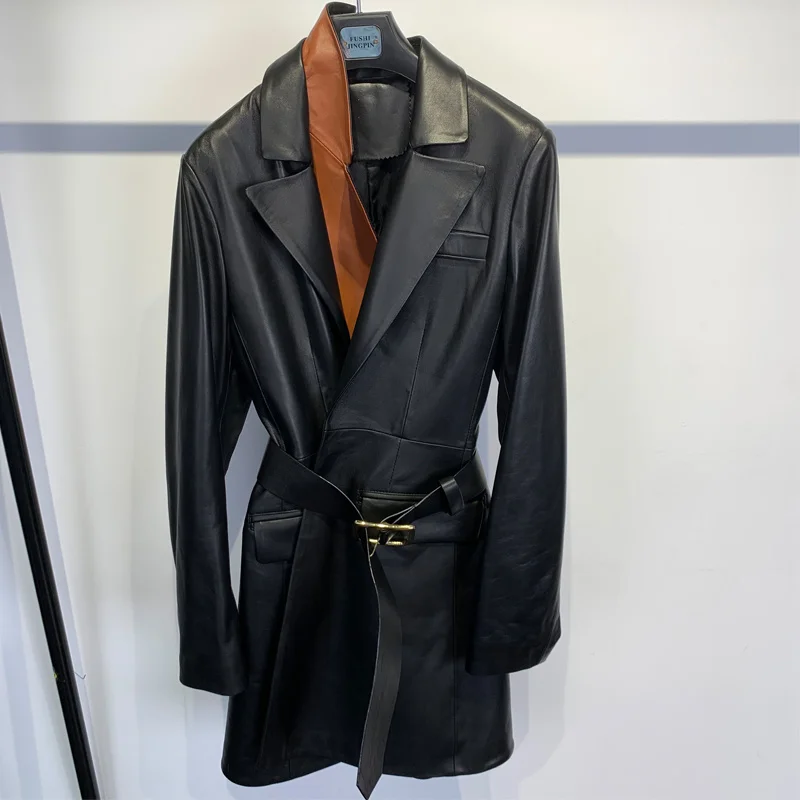 สุภาพสตรียาว Blazer Double Collar Spliced Lambskin Jacket