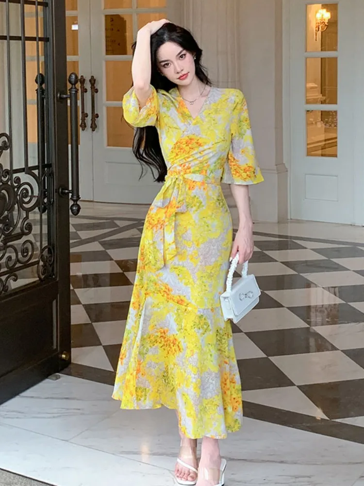 

Summer Vacation Long One Piece Dress Women Clothes Elegant Pretty Print Casual V-Neck Lace-up Slim Maxi Beach Robe Mujer Vestido