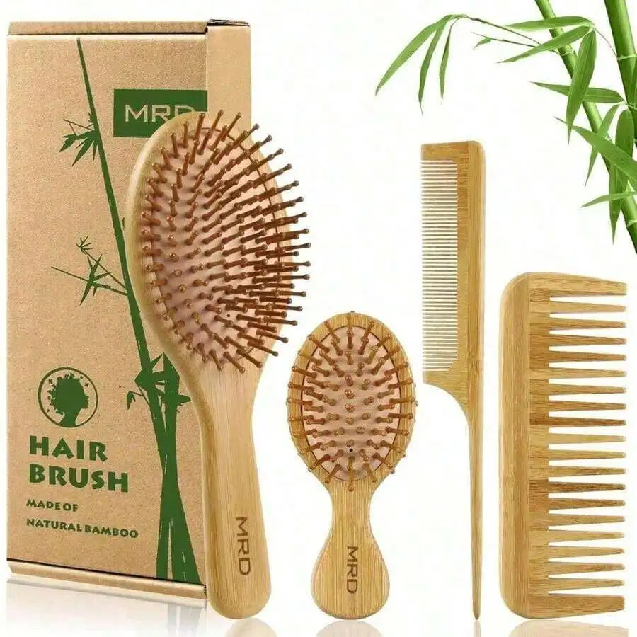

Hair Brush Set, Natural Bamboo Comb Paddle Detangling Hairbrush, Wide-Tooth And Tail Comb No Bristle, Suit For Women Men And Kids Thick/Thin/Curly/Dry Hair Gift Kit