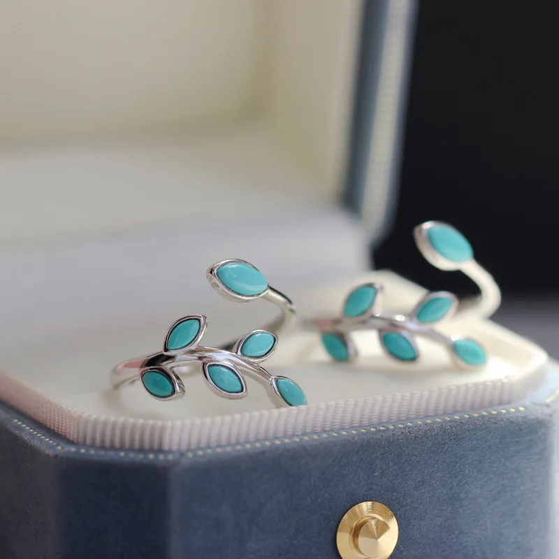 Natural Hubei , Golden Branches And Jade Leaves, S925 Sterling Silver Open Ring, Blue Turquoise