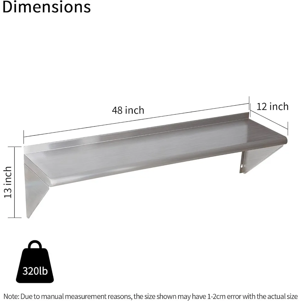 Stainless Steel Wall-Mounted Shelves, 2-Pack, 12x48 Size, 320 lbs Capacity, Suitable for Home Kitchen and Restaurant Use