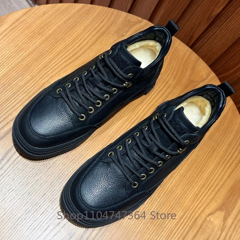 Genuine Leather Winter Sneakers Men's Snow Boots Wool Fur Lined Lace‑Up Thick Platform Non‑Slip Warm Casual Outdoor Male Shoes