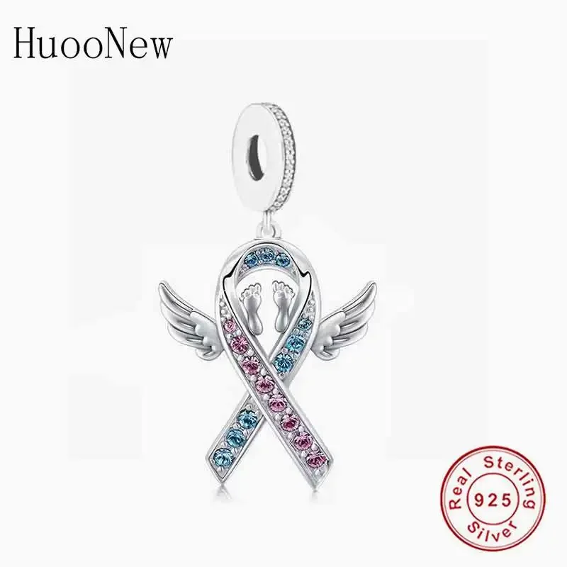 Fit Original Brand Charm Bracelet 925 Silver Blue Pink Ribbon Mommy Pregnancy Loss Baby Awareness Bead For Making Berloque New