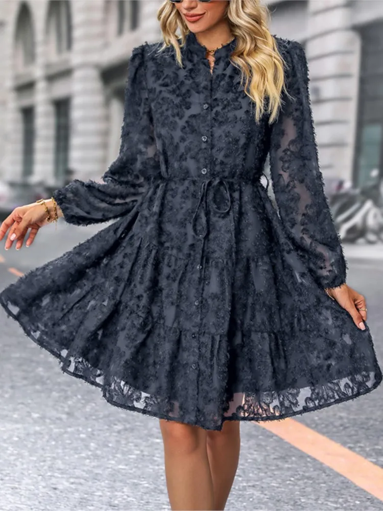 

Dresses 2025 Woman Elegant Vintage Lace Long Sleeve Dress Solid Color Simple Style Elegant Temperament Casual See Through Lace