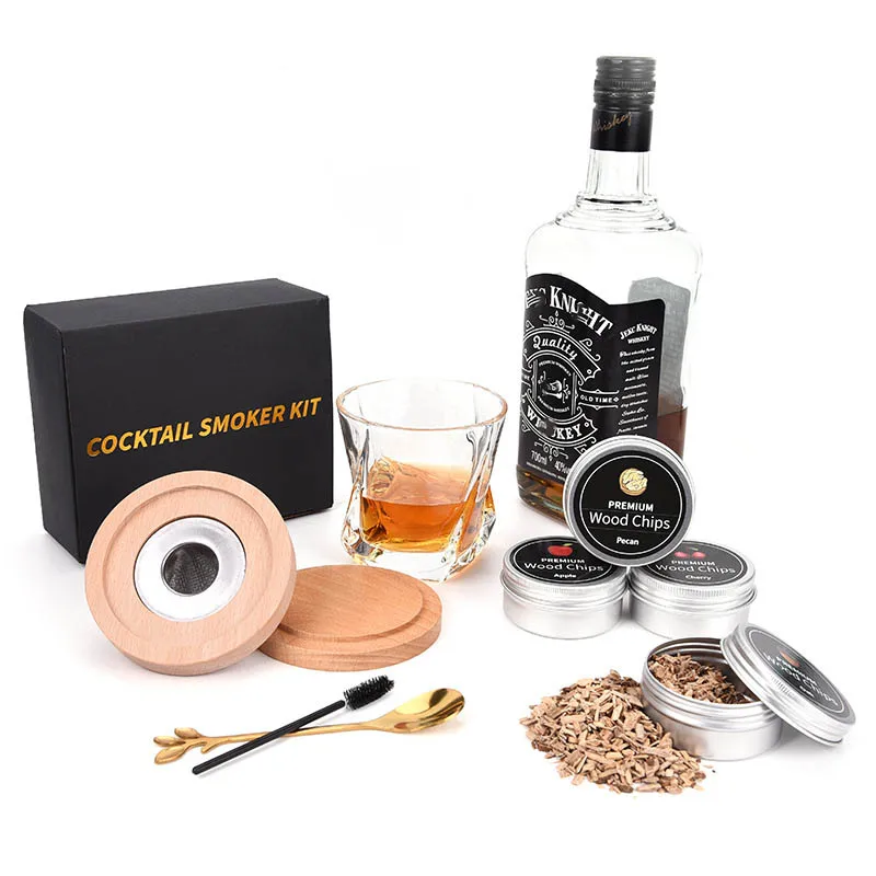 Whiskey Smoker Kit with 4 Flavors Wood Chips – Old Fashioned Drink Infuser for Cocktails & Bourbon, Birthday Gift for Men