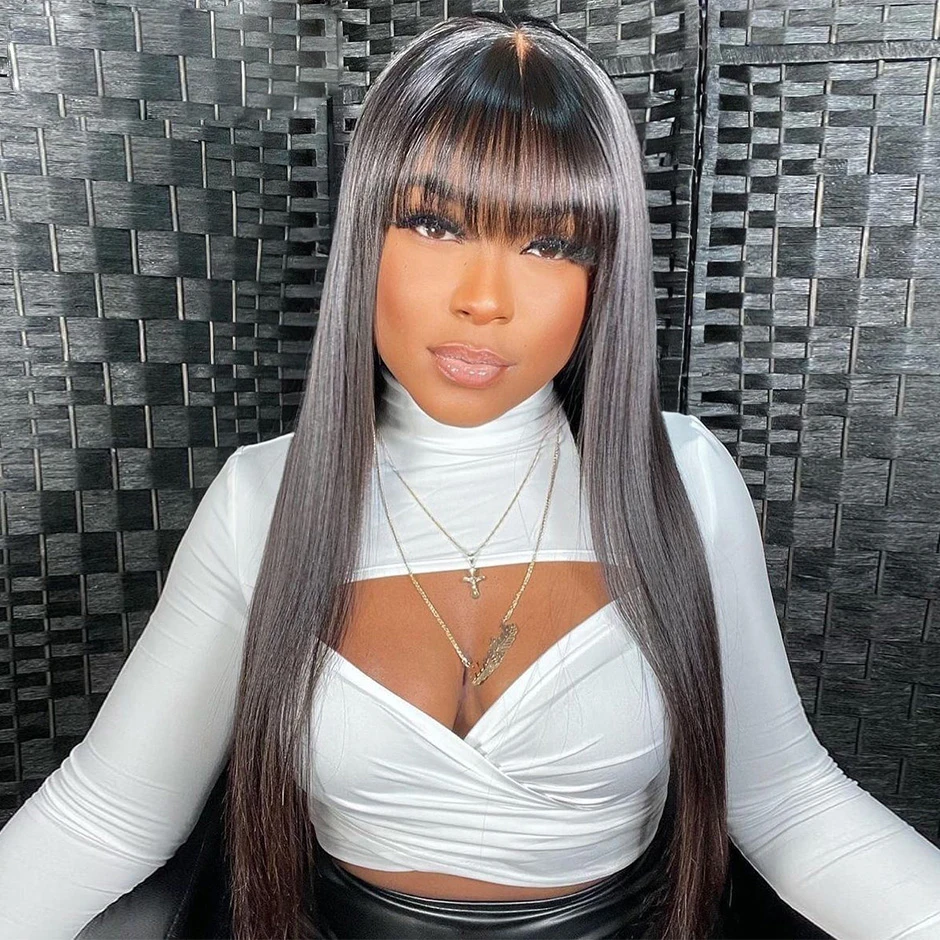 

Straight Wig With Bangs 180% Brazilian Bone Straight Human Hair Wigs Glueless Wig Full Machine Made Bang Wig For Black Women