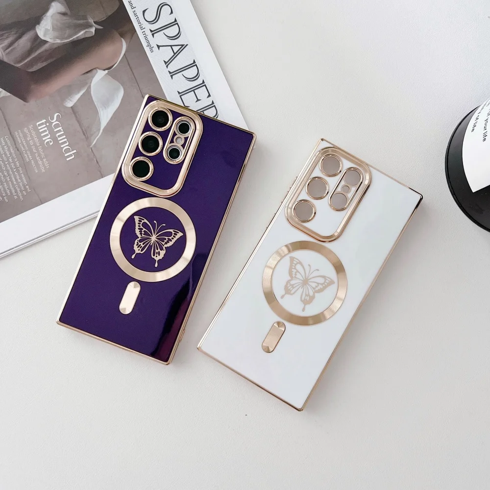 For Samsung S25 Ultra Luxury Magsafe Magnetic Plating Butterfly Frame Phone Case For Galaxy S21 S22 S23 S24Plus Protective Cover