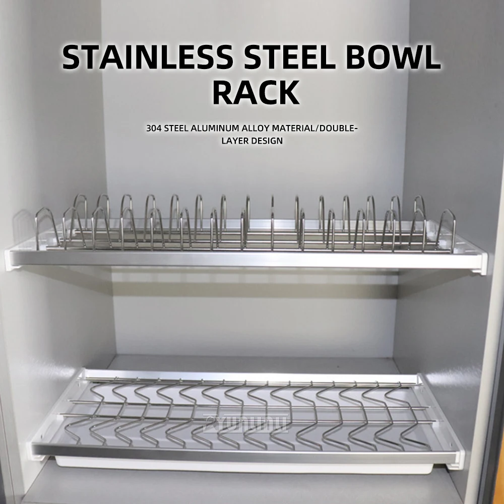 304 Solid Stainless Steel Wall Cabinet Pull Out Dish Rack, 2 Tier Drying Basket Organizer for Kitchen Sink Storage
