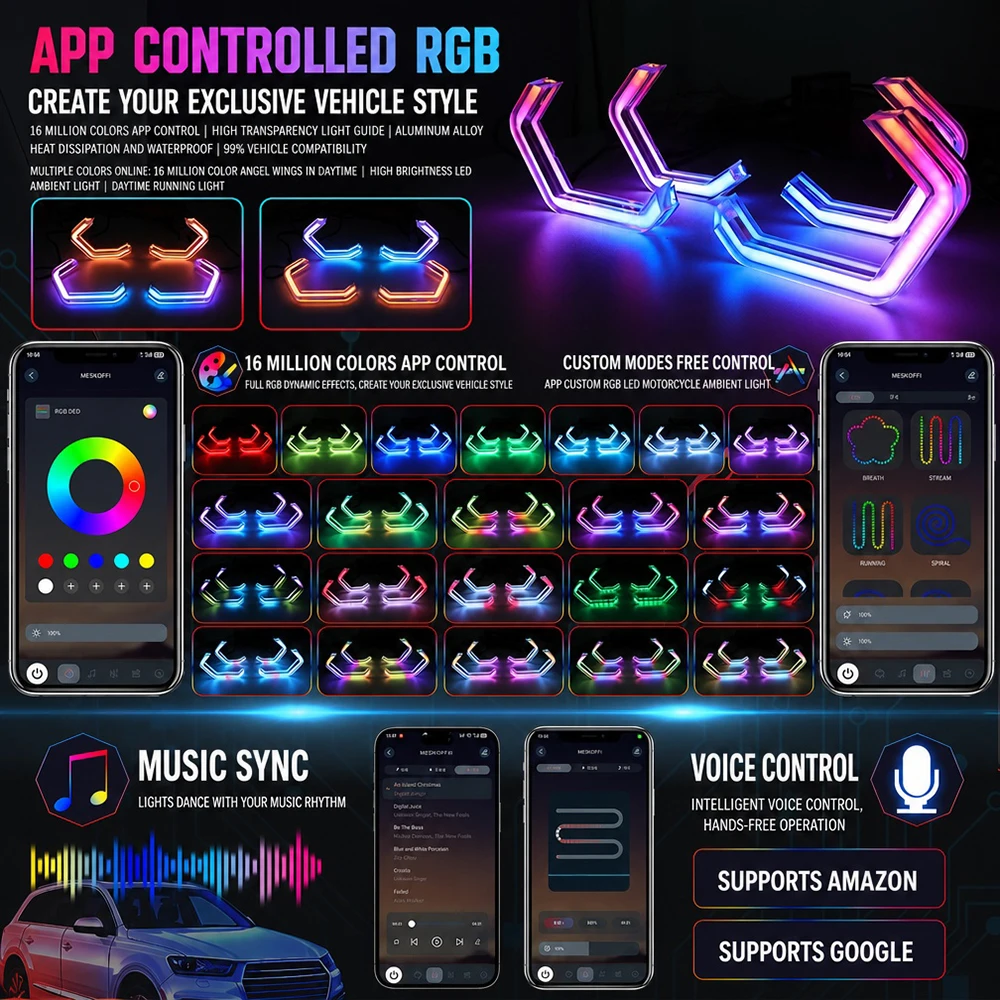 4PCS LED Hexagon Angel Eye RGB Halo Rings Multi-Color Headlight Projector Angel Eyes Dynamic Flowing for 3 4 Series APP Control