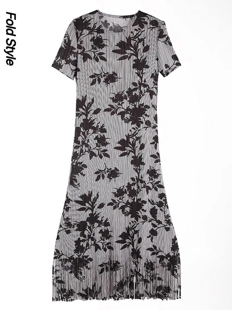 

Miyake Pleated Fashion Printed Dress Women's New Simple and Versatile Elegant Short-sleeved Round Neck Pullover Fringed Skirt