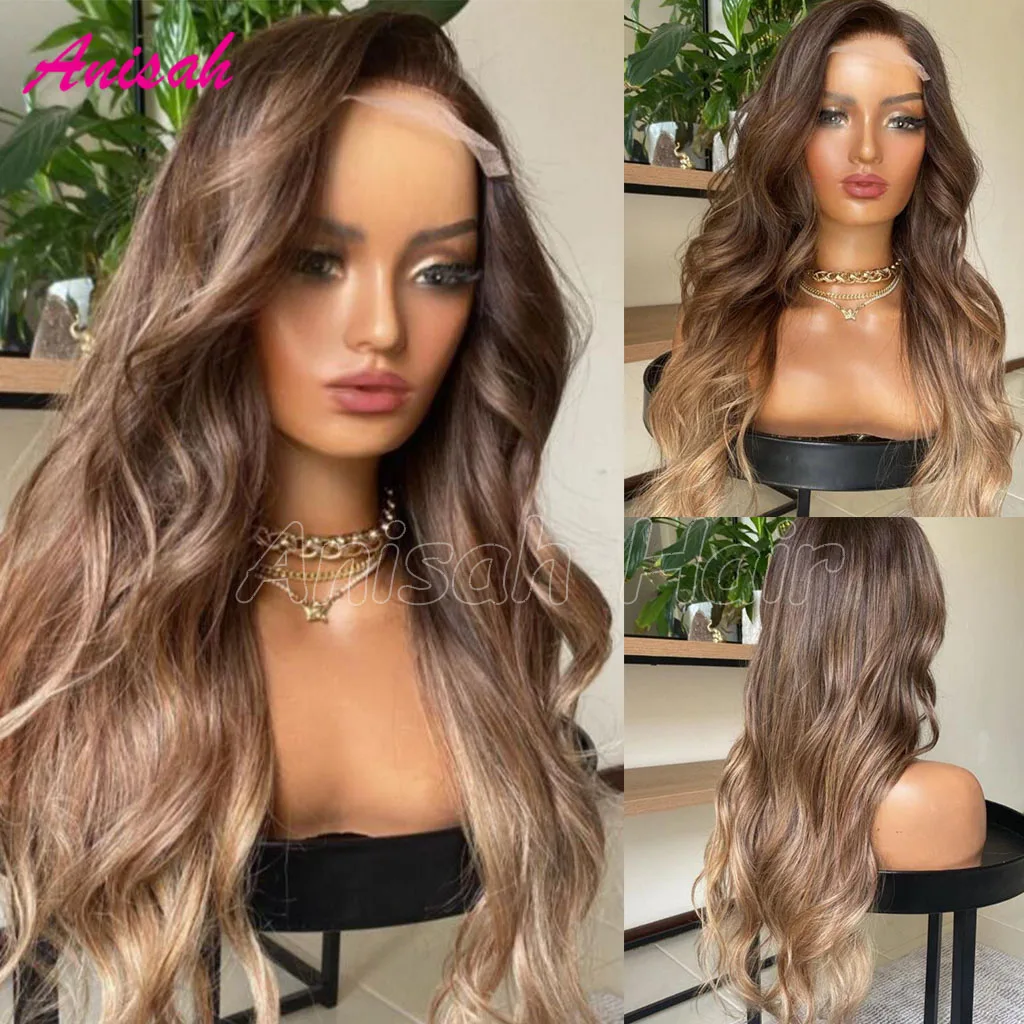 HD peruca de cabelo humano frente do laço transparente para as mulheres, gradiente marrom e cinza loira colorida, 13x4 Lace Front, Guleless Highlight