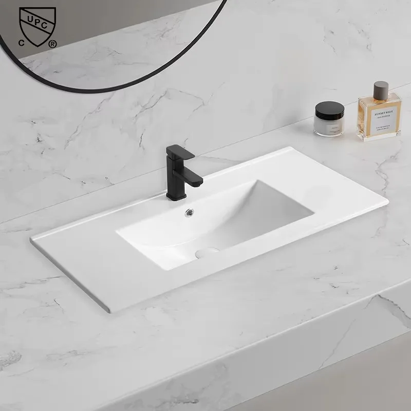 

Современная белая керамическая прямоугольная раковина для ванной комнаты, 910 мм, простая раковина с тонкими краями и креплением для смесителя с одним отверстием для отелей