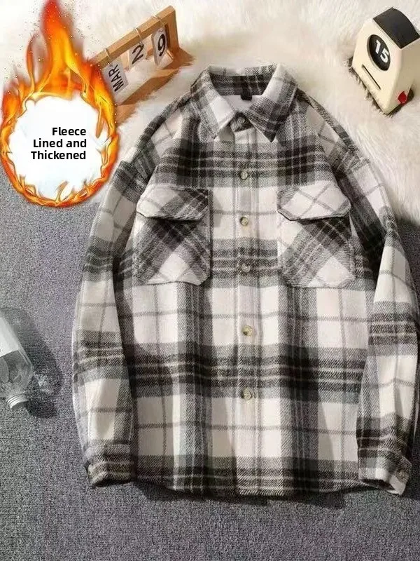 

Мужская клетчатая фланелевая теплая куртка с подкладкой Fce, свободная посадка, повседневная куртка с воротником, корейская зимняя верхняя одежда, пальто