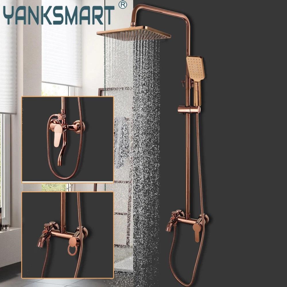 

Набор смесителей для душа YANKSMART розового золота, настенный кран для ванны с дождевой насадкой, ручной душ, Душевая система, смесители