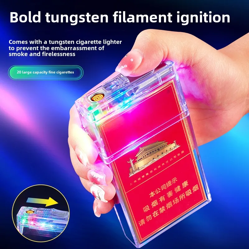 Transparent Fantasy Lantern Cigarette Case USB Cigarette Lighter 20 Slim Cigarettes Men's Complete Cigarette Case