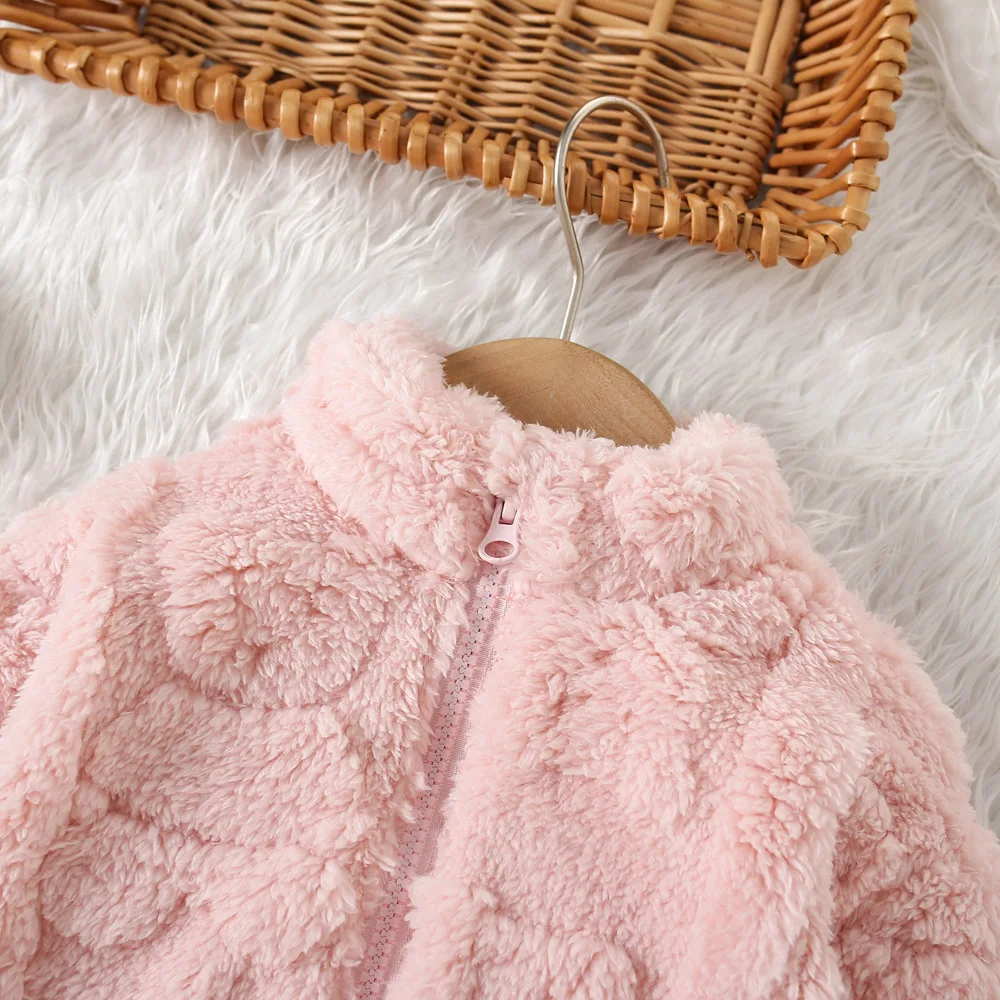 New Winter Girl\'s Coat Hairy Thick Fleece Jacket Jacket Solid Color Printed Round Neck Zipper Cardigan