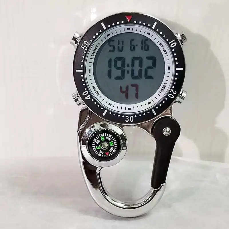 

Pocket Watch Electronic Movement Digital Display Compass Round Dial Sports Hiking Carabiner Nurses Watches Waist Belt Clip Clock