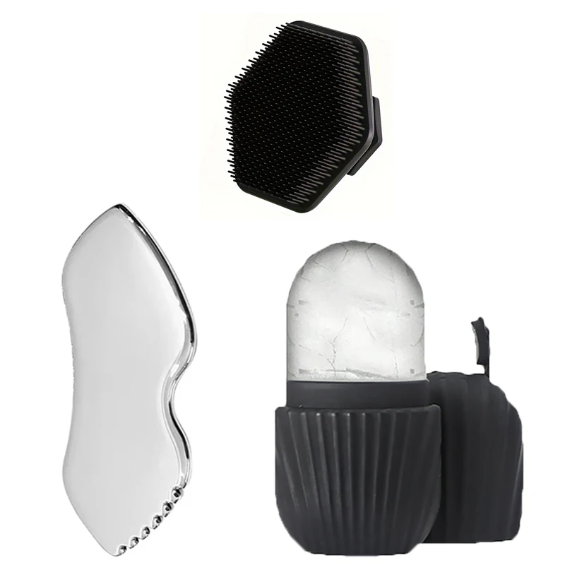 

3-piece facial cleansing tool set, stainless steel lip-shaped scraping board, freezing point roller, silicone facial brush