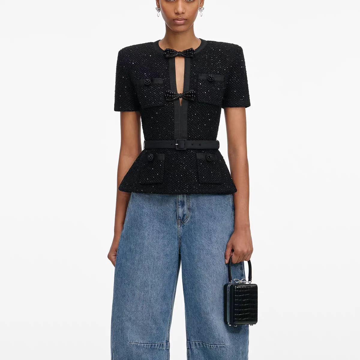 Women Black Sparkly Tweed Peplum Top Short Sleeve Bow Decor Cutout Elegant Lady jacket