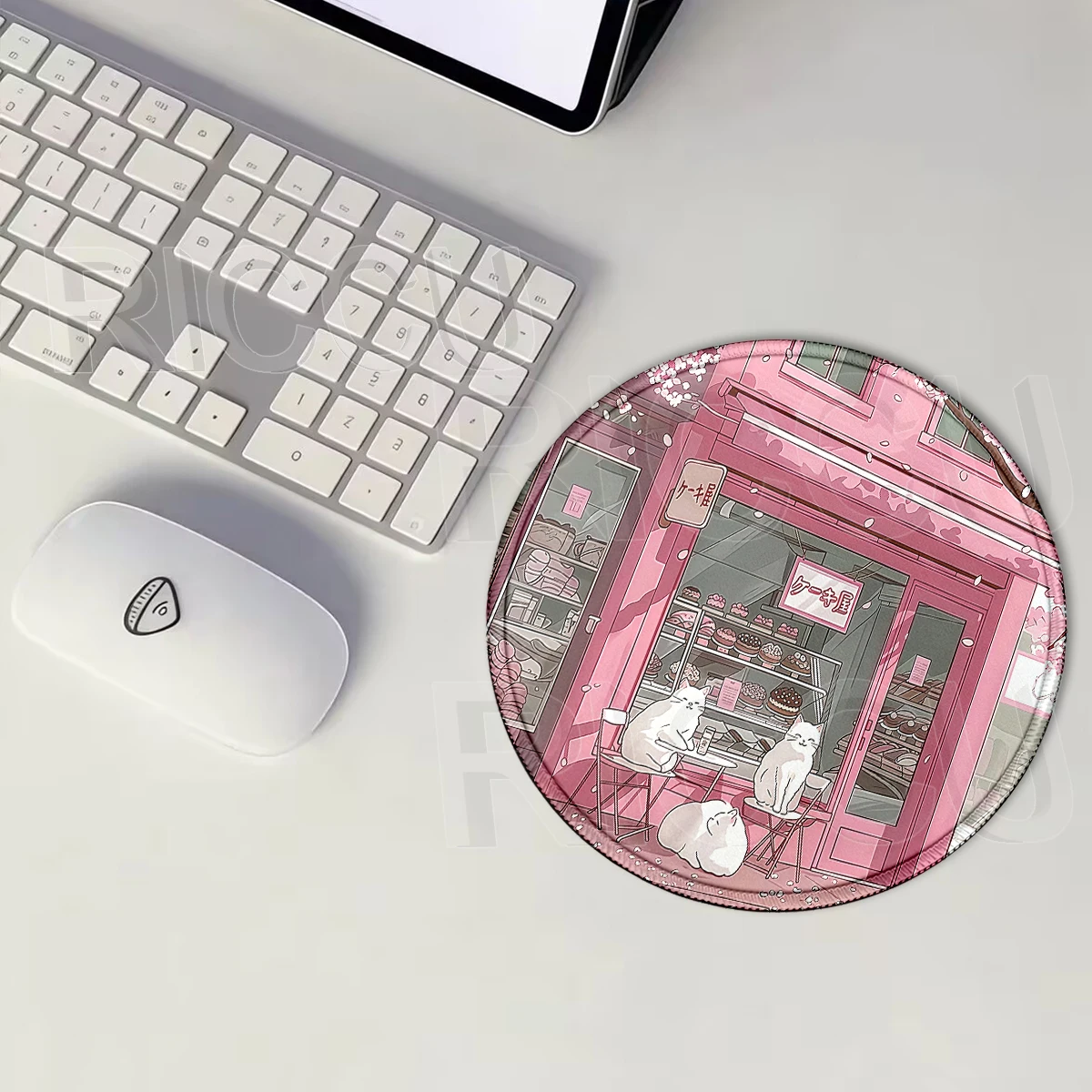 Anime Cat Mouse Pad Pink Cherry Blossom Street Landscape Mousepad Gaming PC Cabinet Round Deskmat Office Desk Accessories Mats