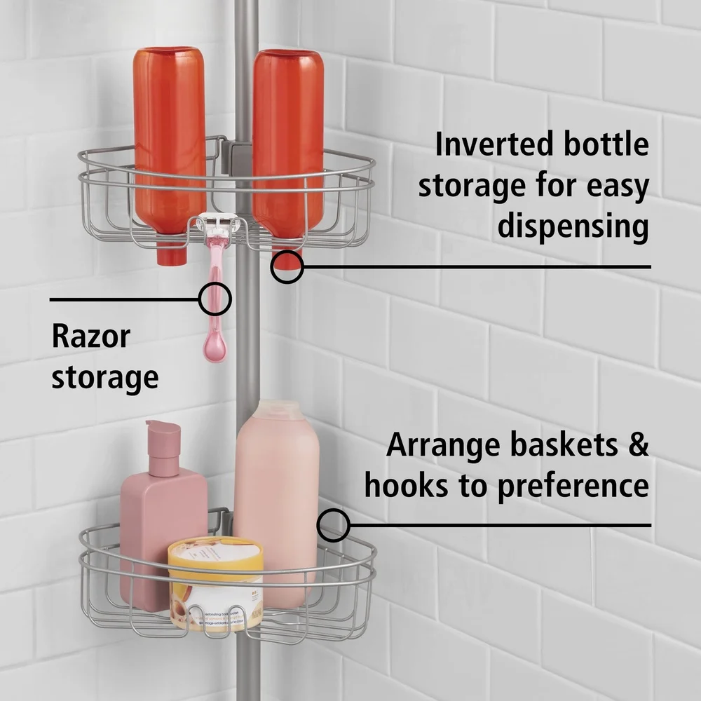 Rust-Resistant Tension Rod Shower Caddy 3 Tier Corner Storage Adjustable 5-8ft with Soap Tray Hooks and Razor Holders