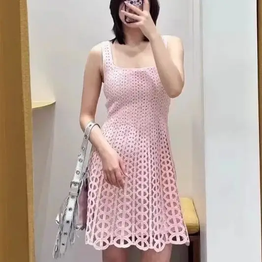 

Spring/Summer Women Rhinestone Hollow Square Neck Solid Knit Set Sleeveless Mini Skirt + Short Sleeve Coat + Sweet Maxi Dress