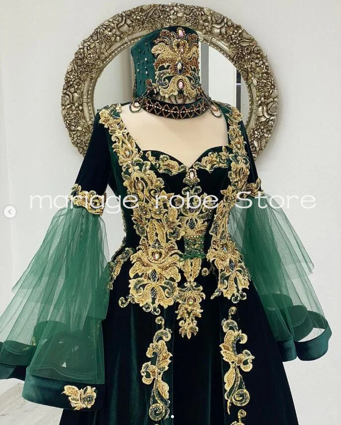 Emerald Green Muslim Caftan Prom Dresses Fairy Long Sleeve Velvet Gold Applique Caftanmorocco Henna Evening Gowns