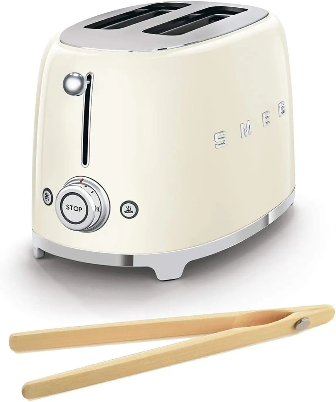 01CRUS 50's Retro Style Toaster Bundle with Bamboo Tongs - (Cream) 2 Slice