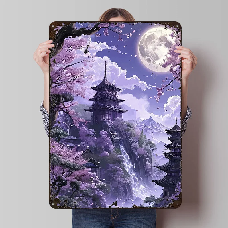 Serene Japanische Pagoden-Landschaft Metallposter Maßgefertigte Wandkunst Retro Vintage Blechschilder zur Dekoration Garagendekoration