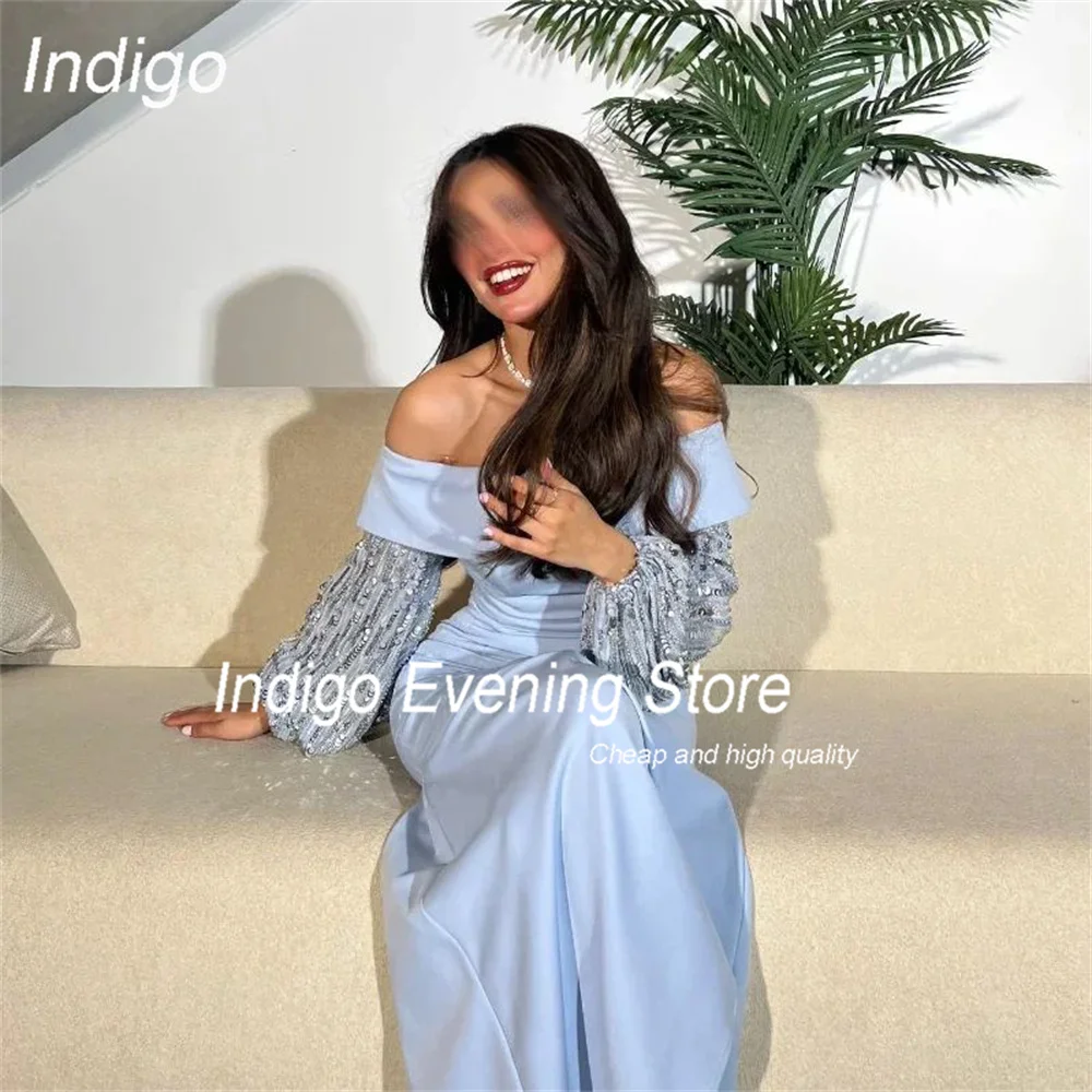 Indigo elegante sereia fora do ombro manga longa aberto volta renda vestido de noite festa vestido de baile formal فساتṁ1] personalizado