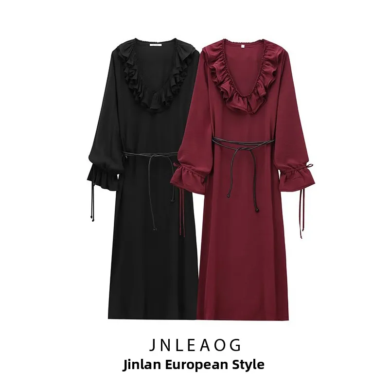 Novo Vestido Midi F JNLEAOG com Design Decorativo em Camadas Sensacional e Faionável em Cor Pura de Fibra de Poliést...