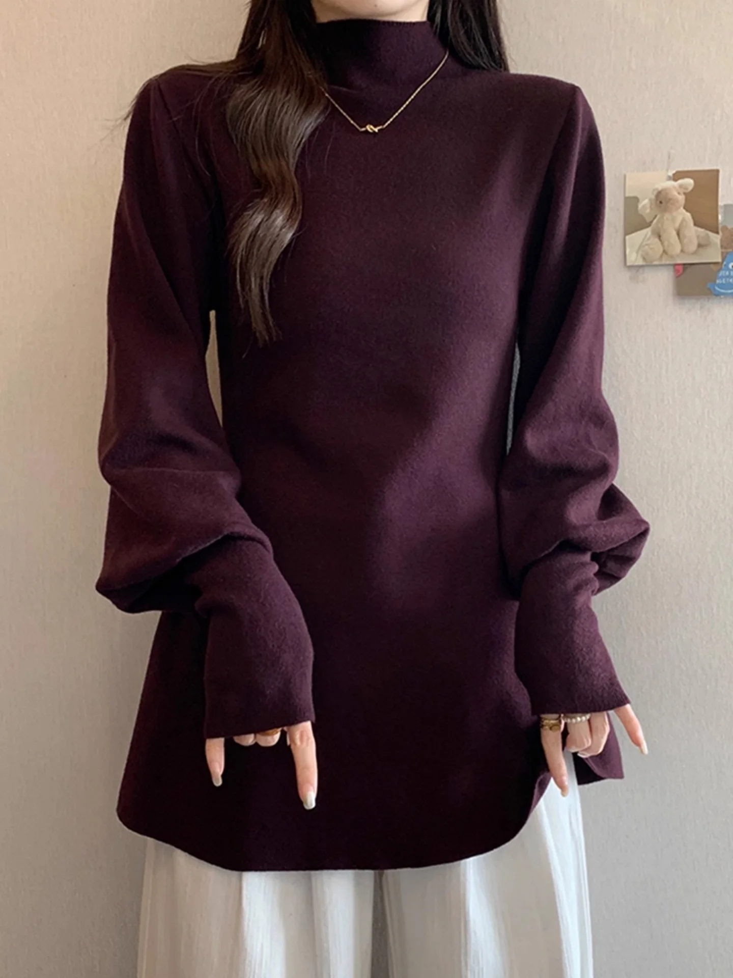 

Ele Purple Lantern Sve Knitted Sweater Women's Base Layer Top f High Collar plus Size Autumn Winter Faion