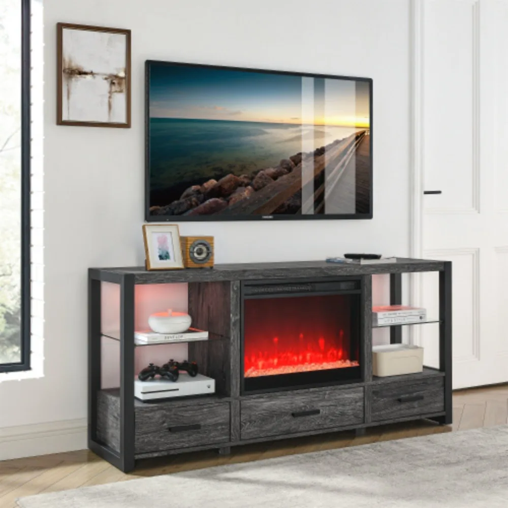 60 Inch Electric Fireplace Media TV Stand with Sync Colorful LED Lights-Dark Rustic Oak Color
