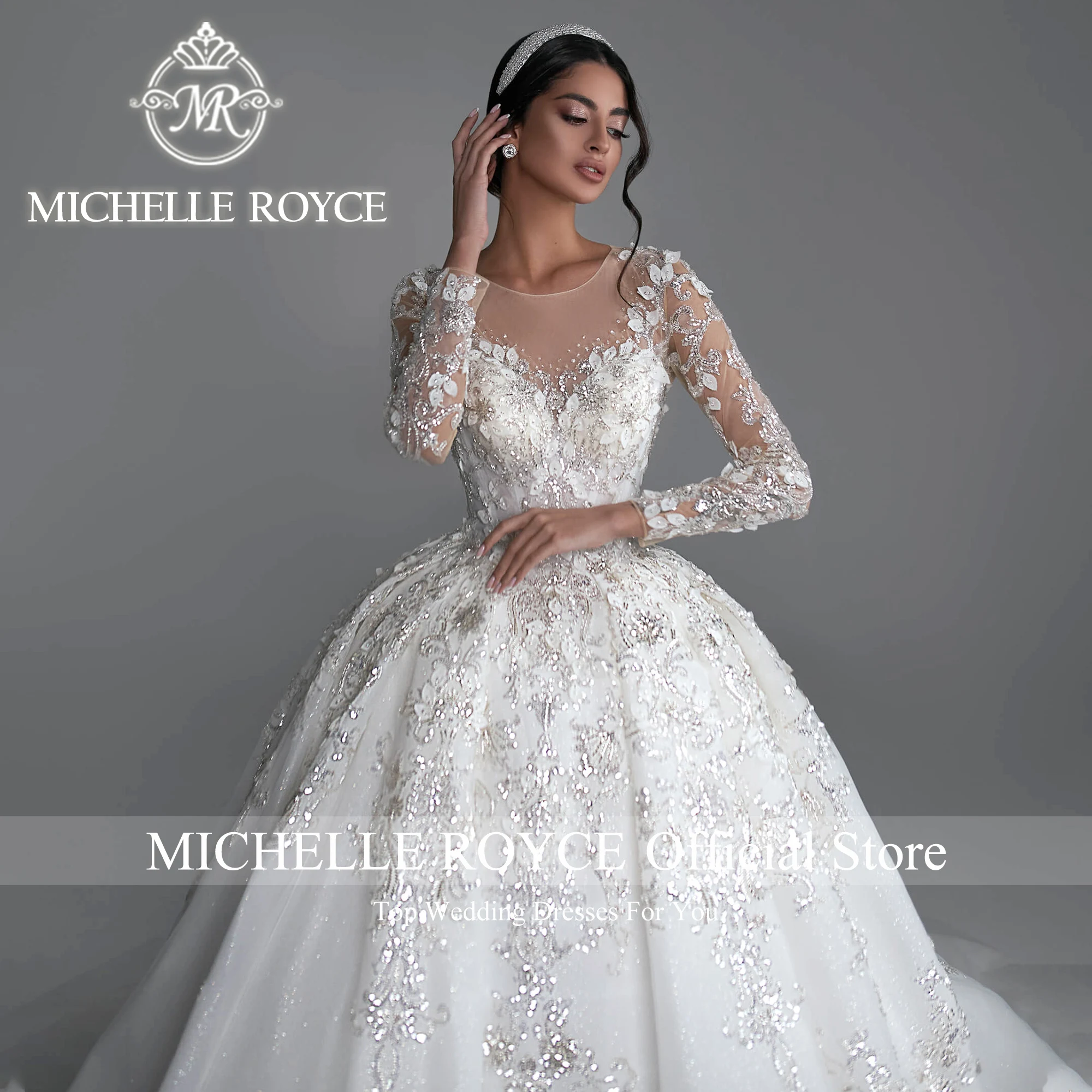 Michelle Royce-Robe de mariée en dentelle à manches longues, robe de Rh, broderie chérie, paillettes, luxe, éducatif