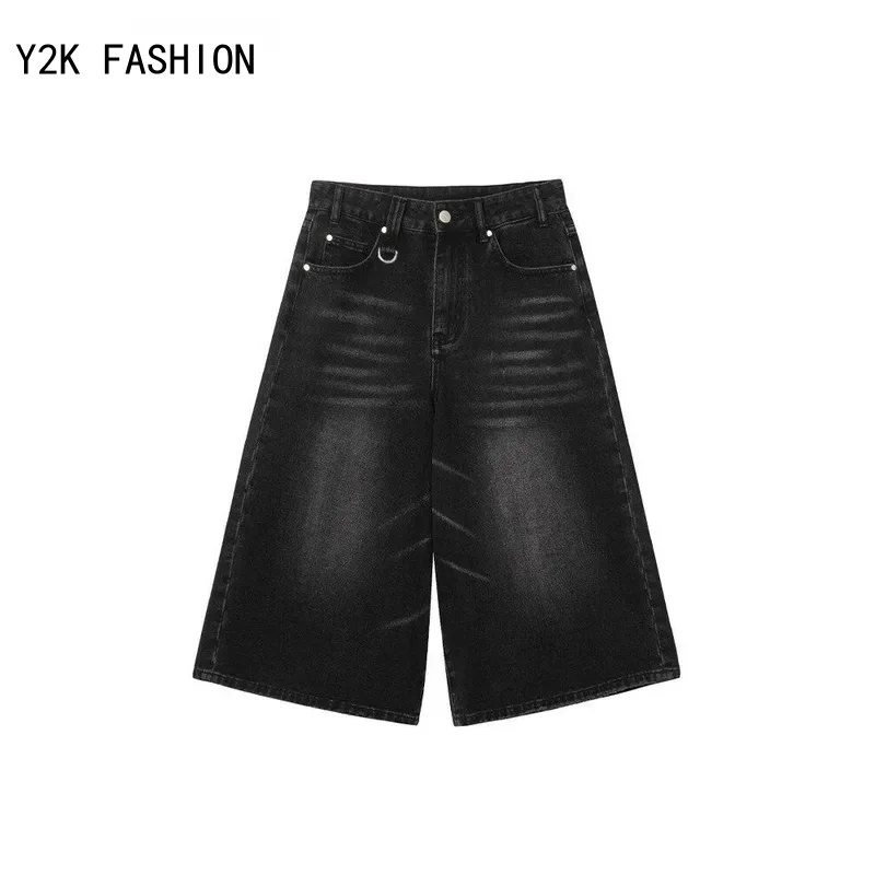 Vintage High Waist Black Retro Washed Denim Shorts Women's Fashion Casual Loose Fit Y2K Streetwear Mid Long Short