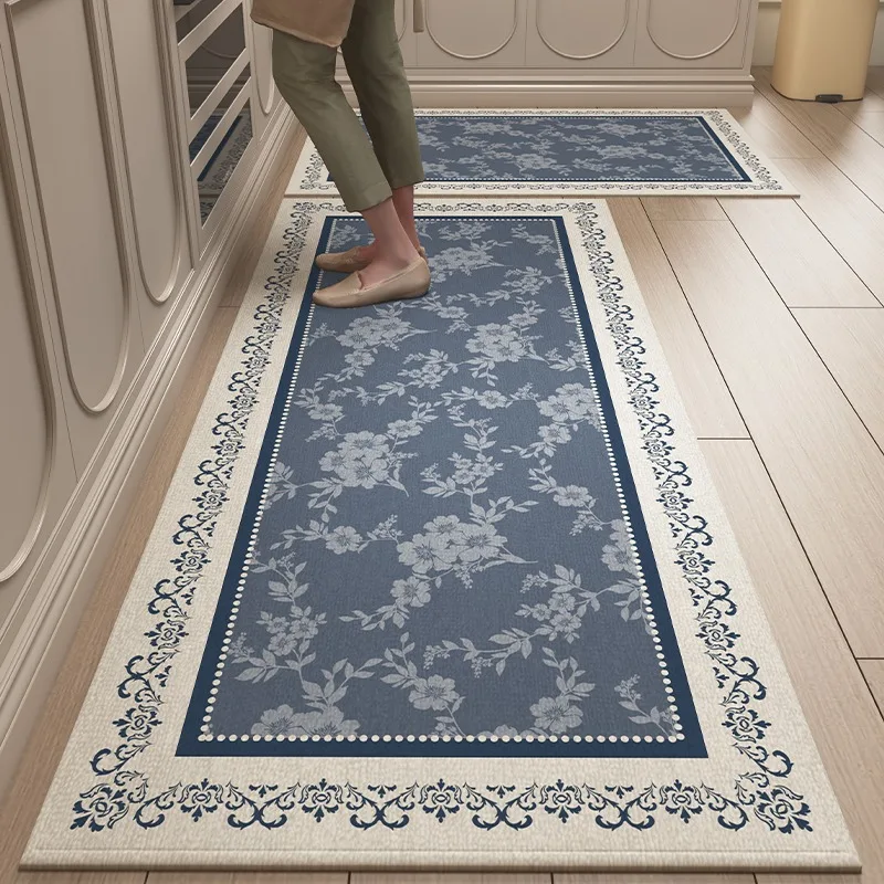 

Carpet for Kitchen Floor Mat Blue Floral Carpets Non-slip Long Rug Retro Elegant Home Decoration Rugs 주방 카펫 Alfombra De Cocina