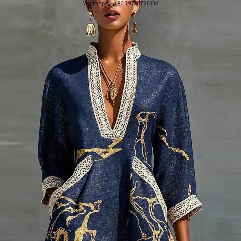 Women Printed Mini Dress V Neck Lace Trim 3/4 Batwing Sleeve Loose Flowy Beach Cover Up Autumn Resort Casual Dress