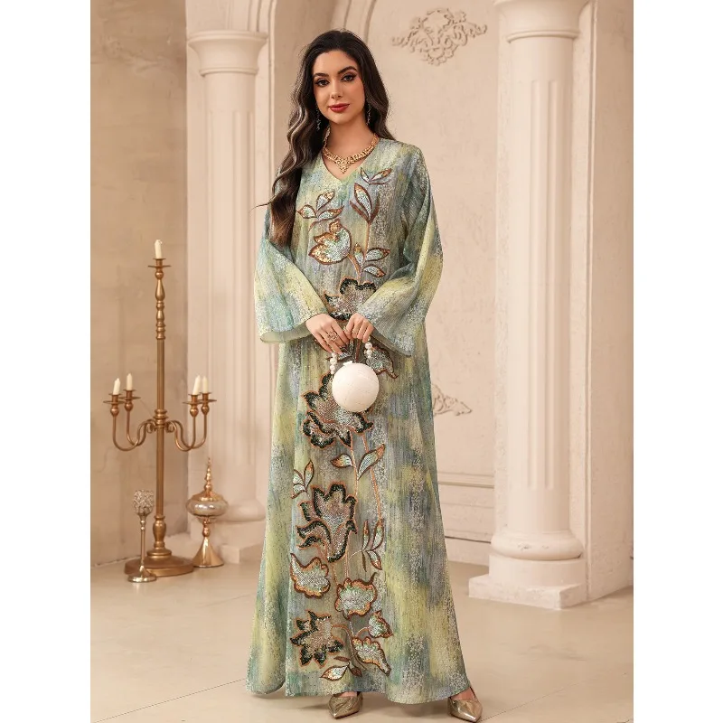 Ramadan Muslim Abayas for Women Dubai Party V Neck Kaftan Robe Sequins Flower Long Dress Morocco Kaftan Islam Vestidos 2026