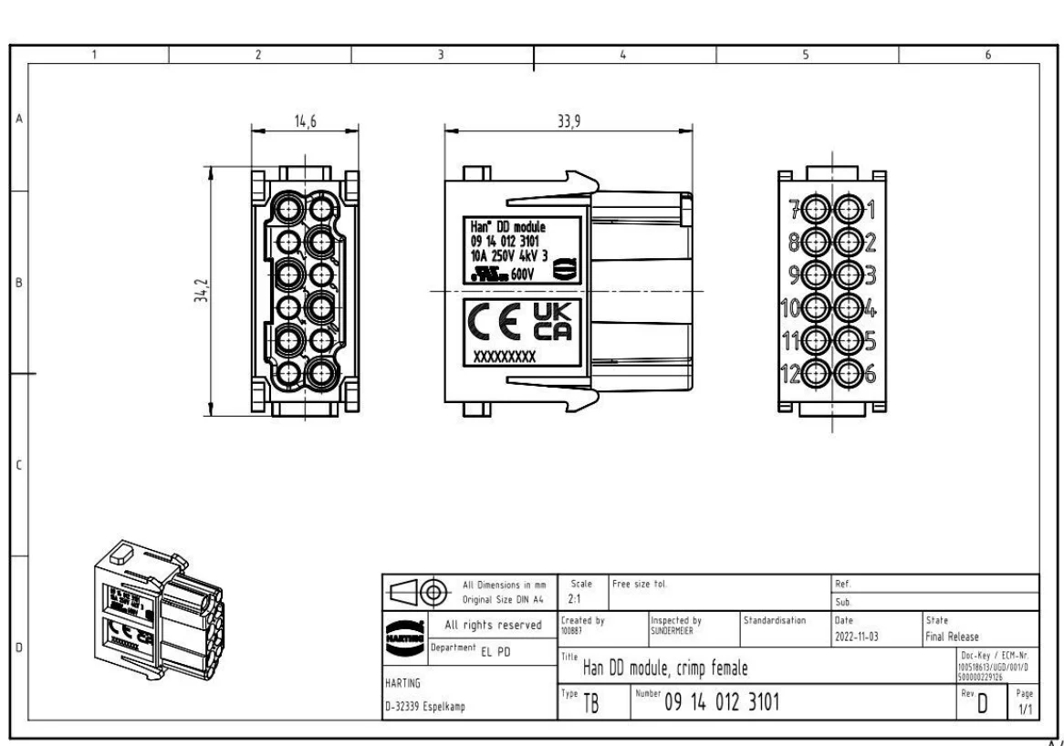 HARTING-Módulo de crimpado Han10A de 12 Pines, virola hembra (F), 09140123101