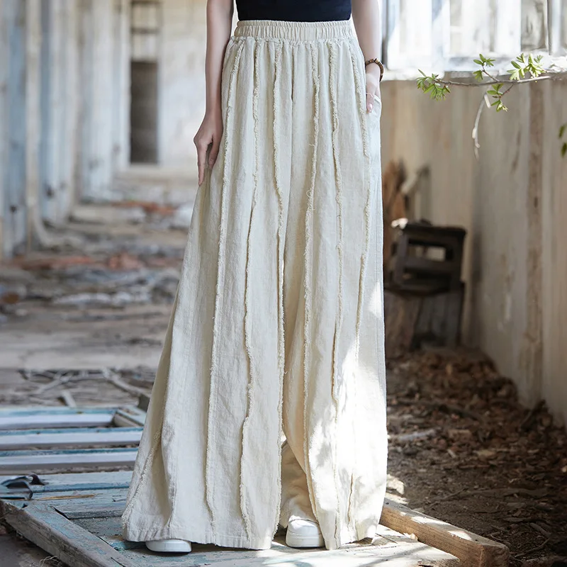 Patchwork Wide-leg Pants Vintage Trousers Elastic Black Pants Spring Autumn Cotton Linen Women's Clothing