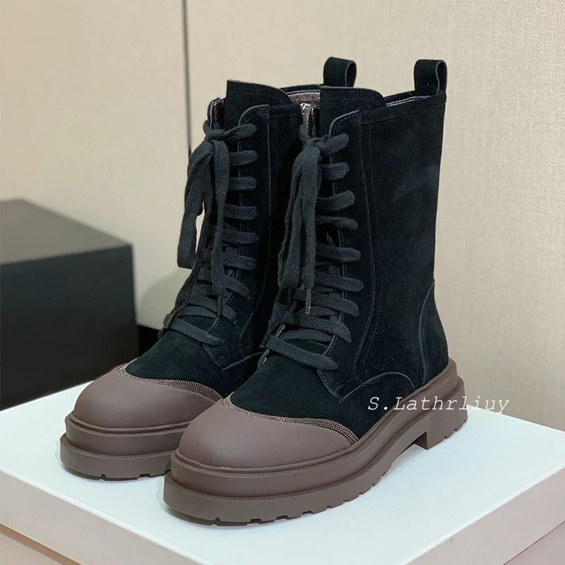 Autumn Winter Flat Thick Bottom Riding Boots Women's Round Toe Patchwork String Bead Short Botas Mixed Color Lace Up Ankle Boots