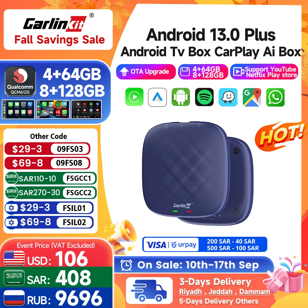 

Carlinkit CarPlay Ai TV Box Plus Android13 8+128GB QCM 8-Core 665 6125 Wireless CarPlay Android Auto For Youtube Netflix 4G LTE